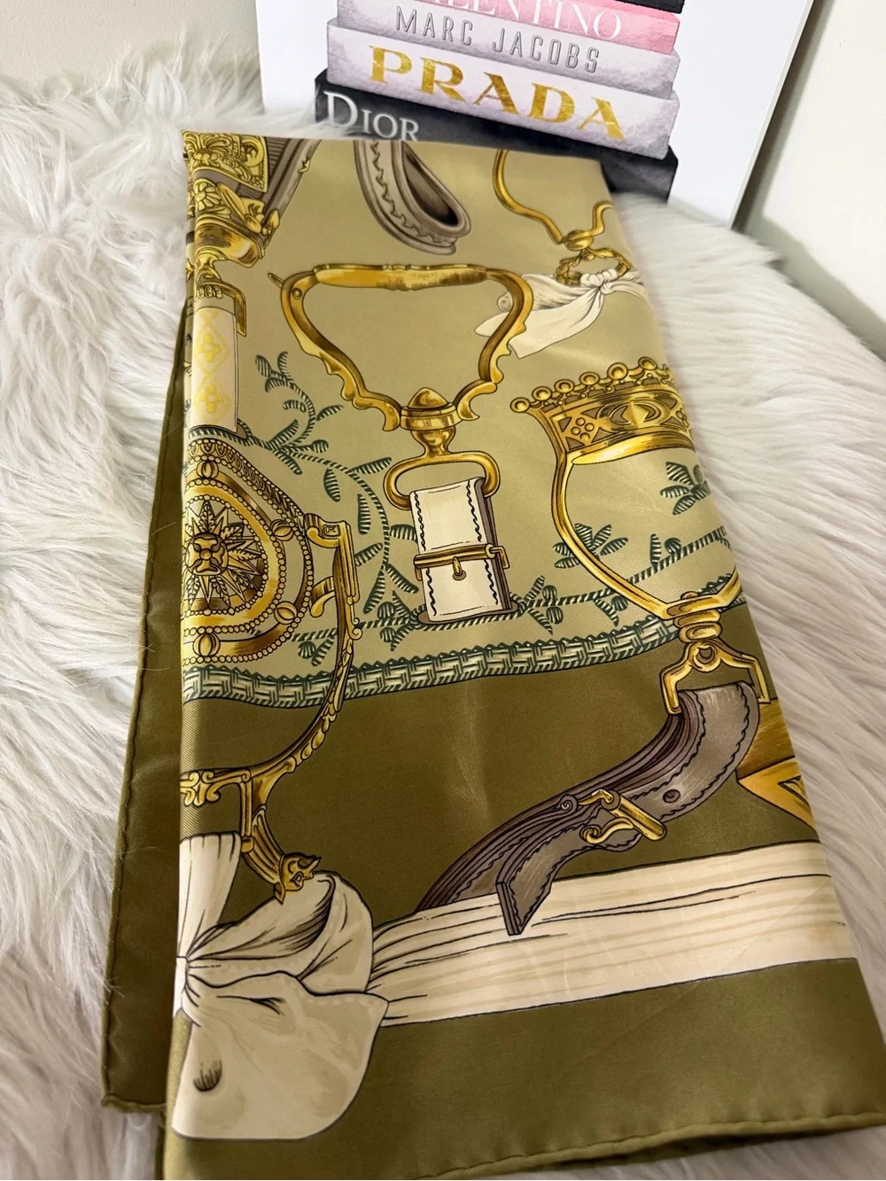 Hermes Etriers Silk Scarf with Gold Equestrian Hardware Print in Olive and Cream - Picture 6 of 16